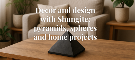 Modern interior scene with a Shungite pyramid or sphere on a timber desk or coffee table, surrounded by neutral tones and plants.